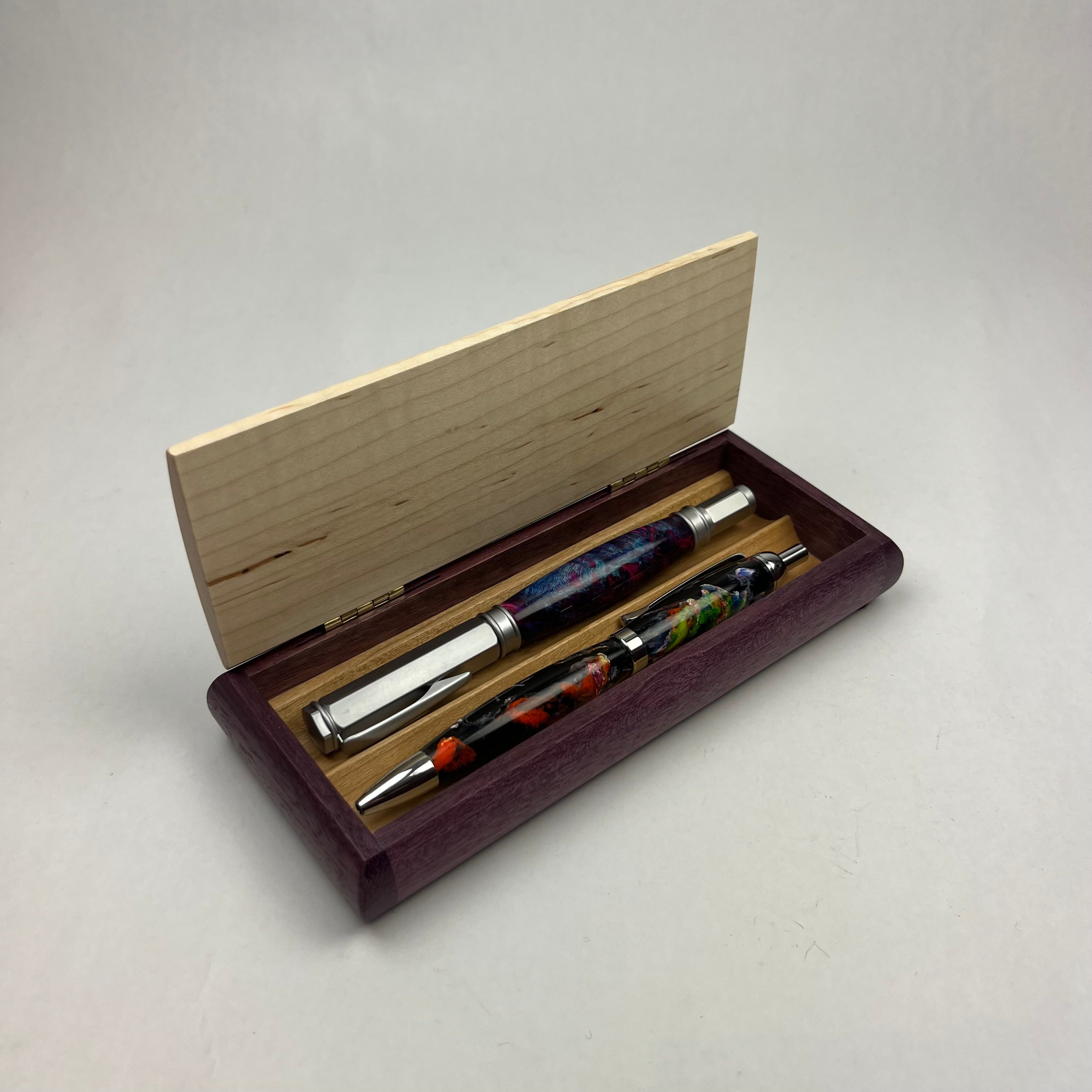 Two Pen Box - Curly Maple and Purpleheart - Heart of the Home PA