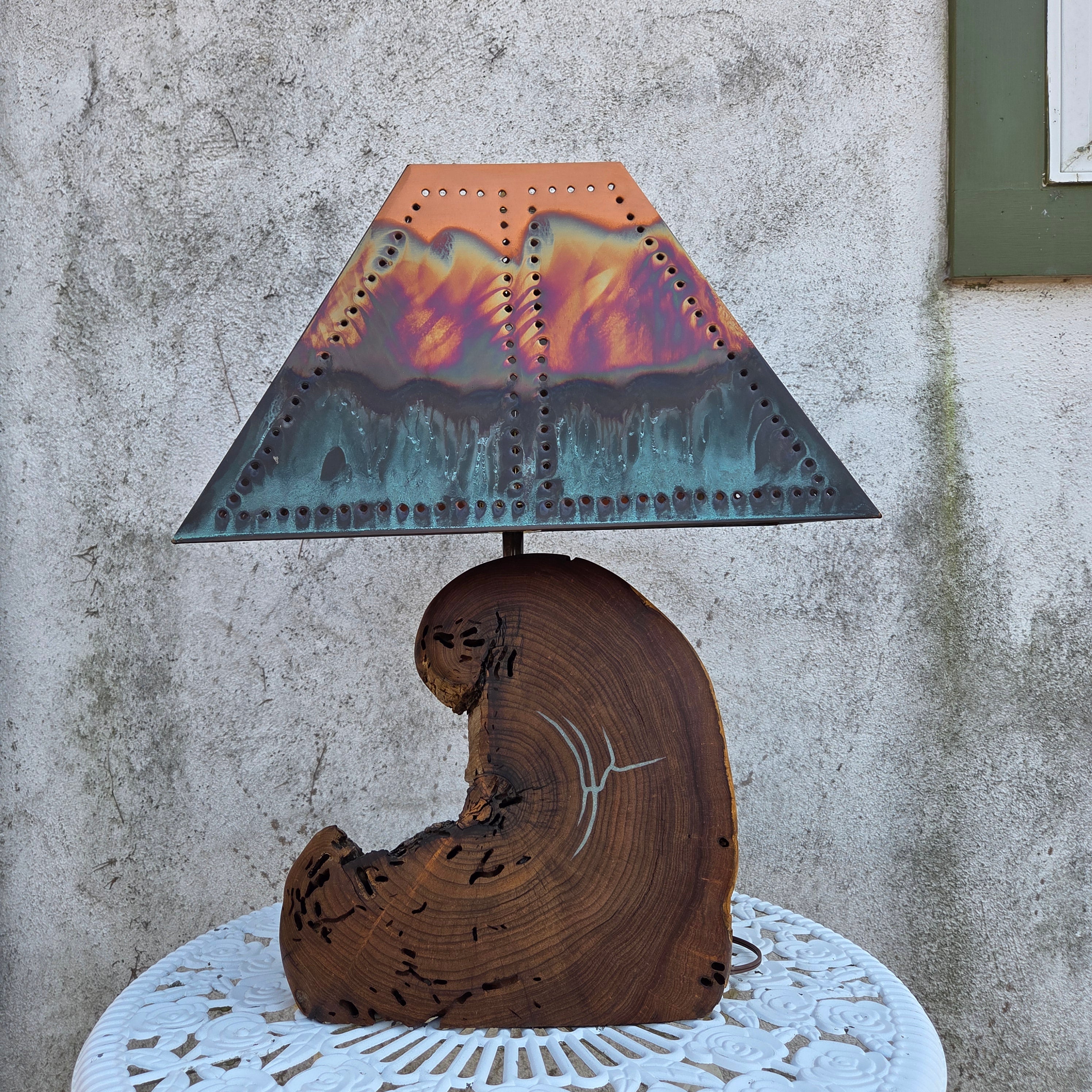 Mesquite & Turquoise Lamp with Punch Shade - Unique - Heart of the Home Inc