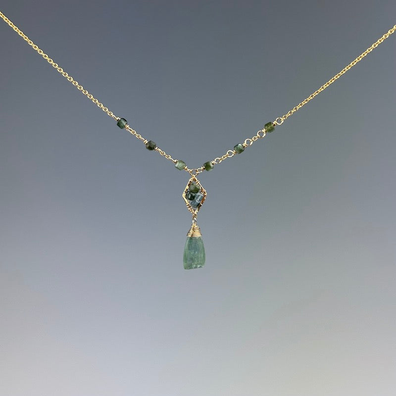 MP Blue-Green Lozenge N - gold fill, blue-green tourmaline, seraphinite, green kyanite - Heart of the Home Inc