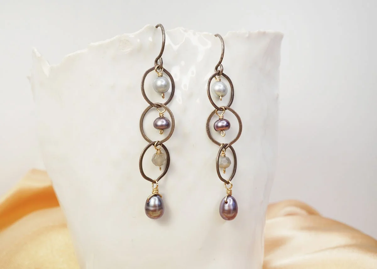 Moonstone & Pearl Chainlink Earrings - Heart of the Home Inc