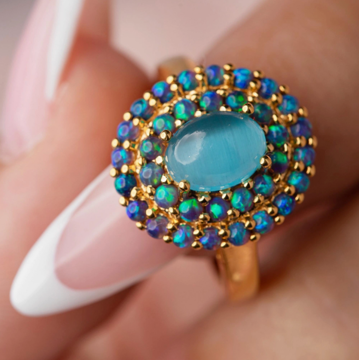 Blue Cats Eye Opal Ombre Vintage Crown Ring - Heart of the Home Inc