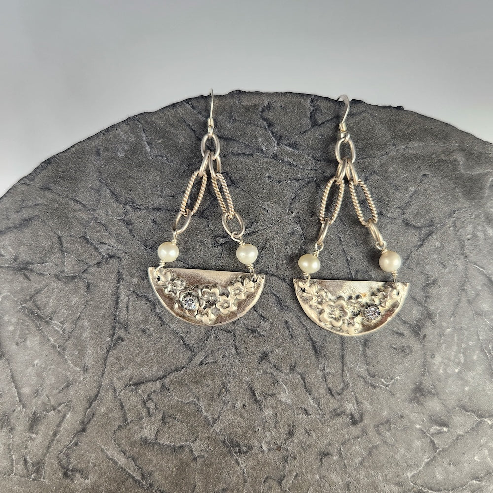 Half Circle Silver Floral Earrings With Pearl And Cubic Zirconia - Heart of the Home Inc