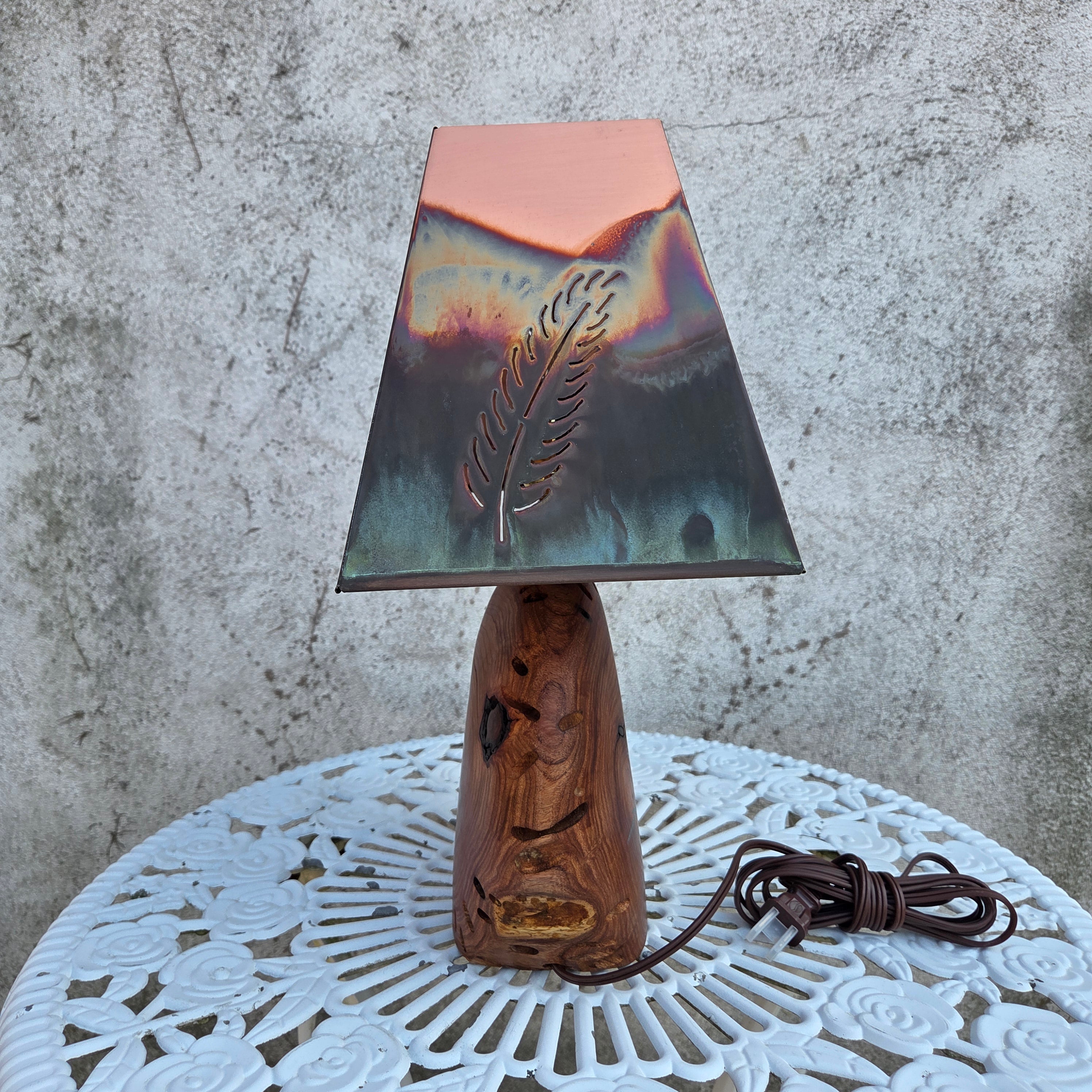 Mesquite & Turquoise Lamp with Feather Shade (SL-1 GW) - Heart of the Home Inc