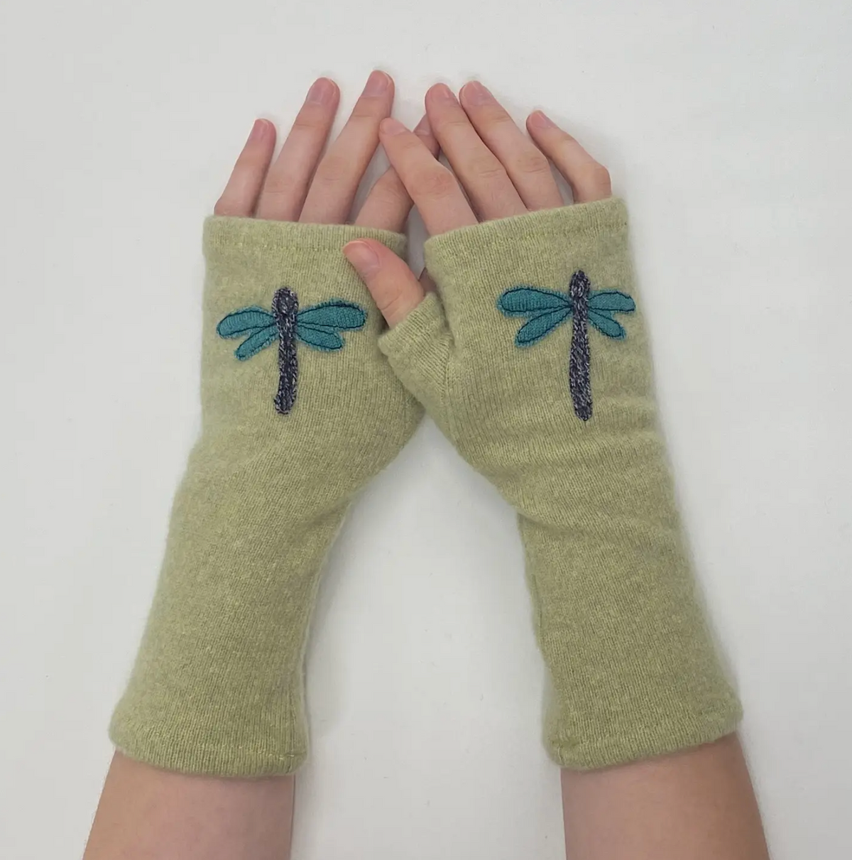 Dragonfly on Pale Green Cashmere Fingerless Gloves - Heart of the Home Inc