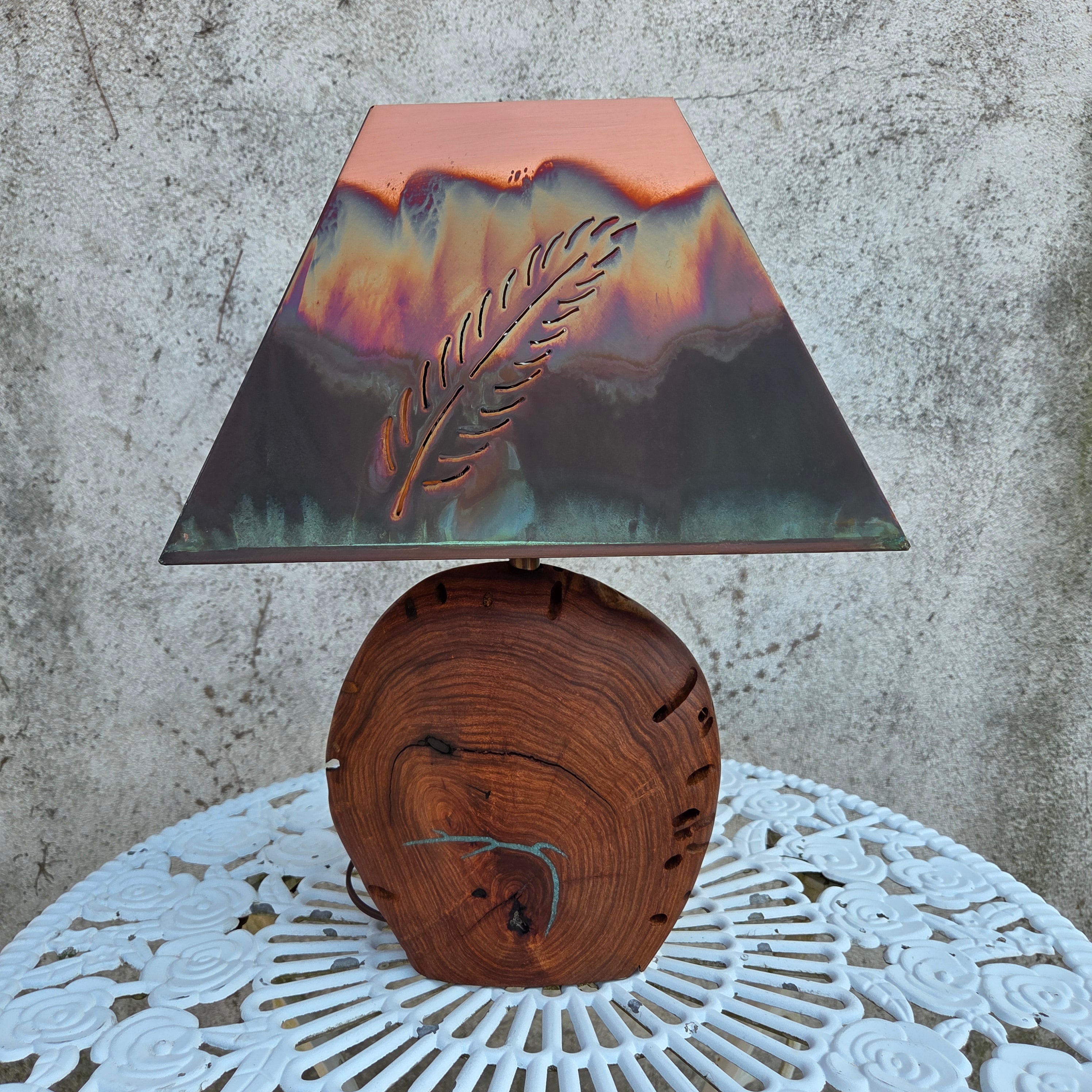 Mesquite & Turquoise Lamp with Feather Shade (SL-1 GW) - Heart of the Home Inc