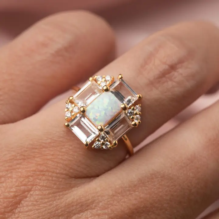 Opal & Topaz Baguette Fire Ring - Size 8