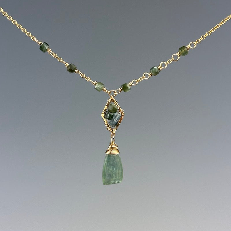 MP Blue-Green Lozenge N - gold fill, blue-green tourmaline, seraphinite, green kyanite - Heart of the Home Inc