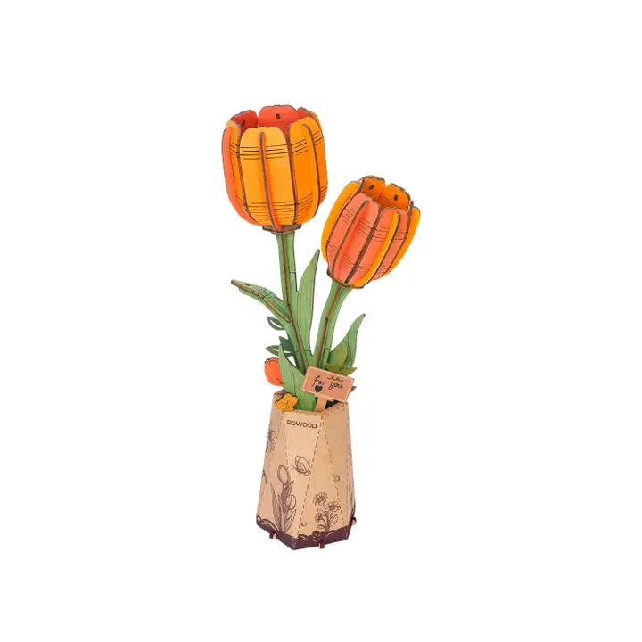 Orange Tulip Wooden Flower 3D Puzzle - Heart of the Home Inc