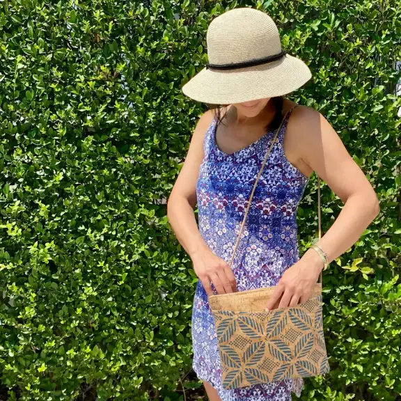 Large Cork Zip Top Cross Body Bag in Die Cut Palm Denim Blue - Heart of the Home Inc