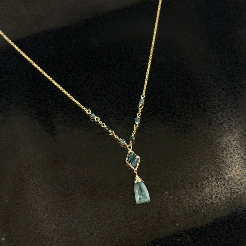 MP Blue-Green Lozenge N - gold fill, blue-green tourmaline, seraphinite, green kyanite - Heart of the Home Inc