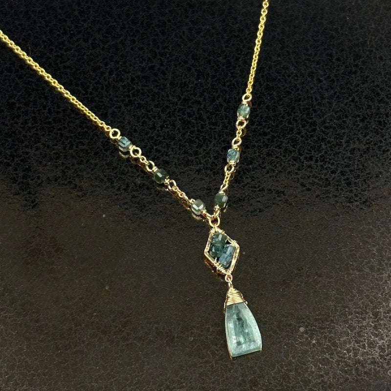 MP Blue-Green Lozenge N - gold fill, blue-green tourmaline, seraphinite, green kyanite - Heart of the Home Inc