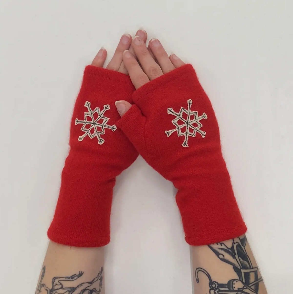 Snowflake on Red Cashmere Fingerless Gloves - Heart of the Home Inc