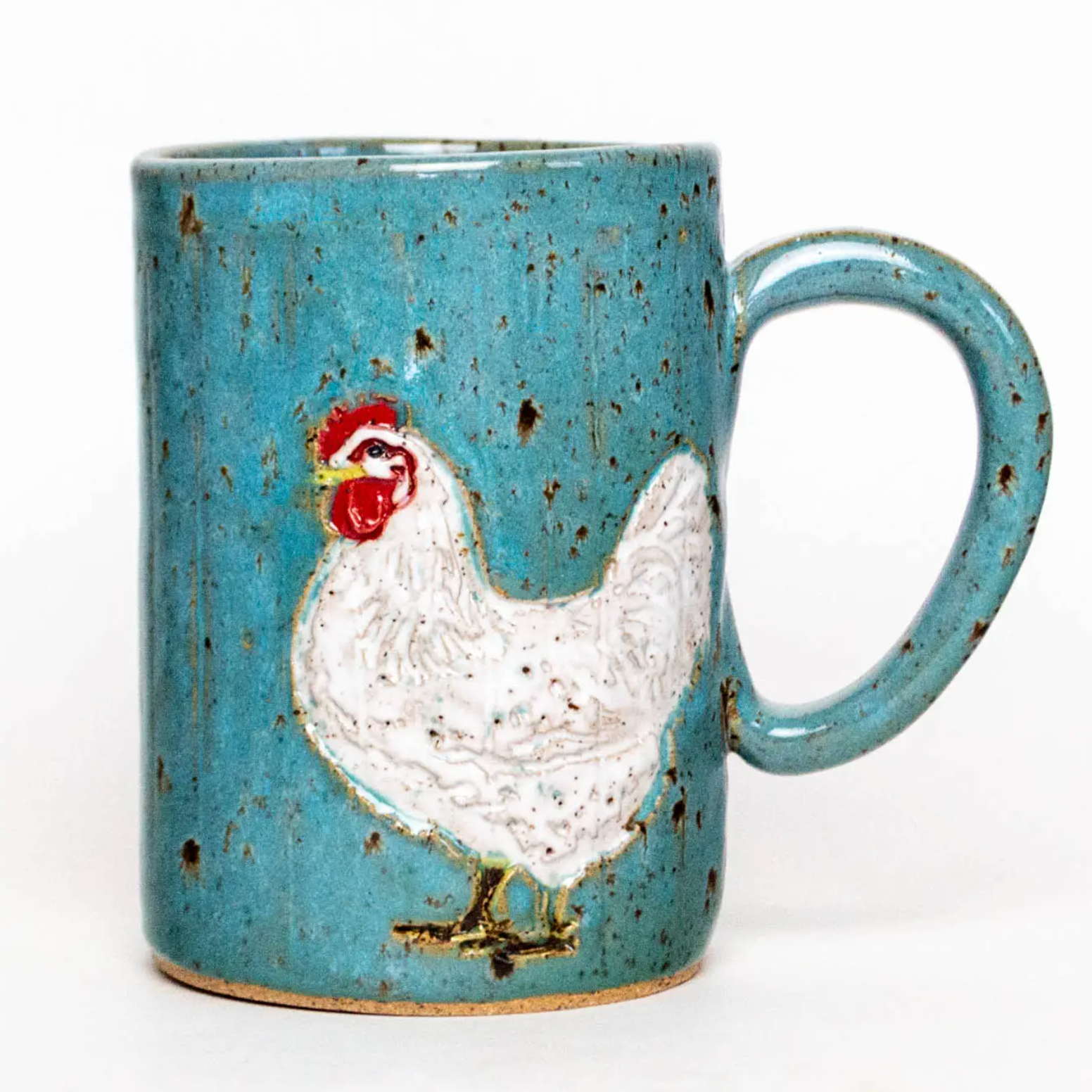 White Chicken on Blue Handmade Ceramic Mug - Heart of the Home Inc
