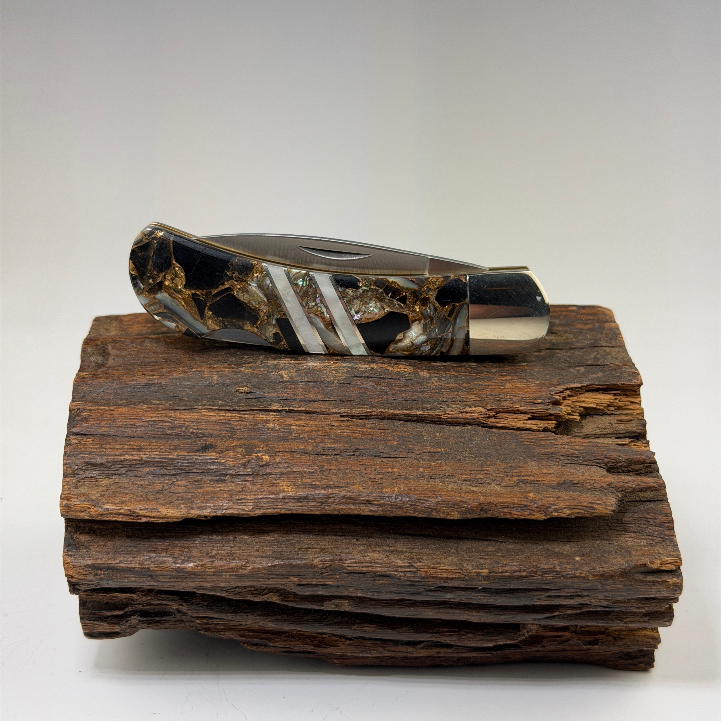 Obsidian, Abalone, And Bronze 3" Lockback Knife - Heart of the Home Inc
