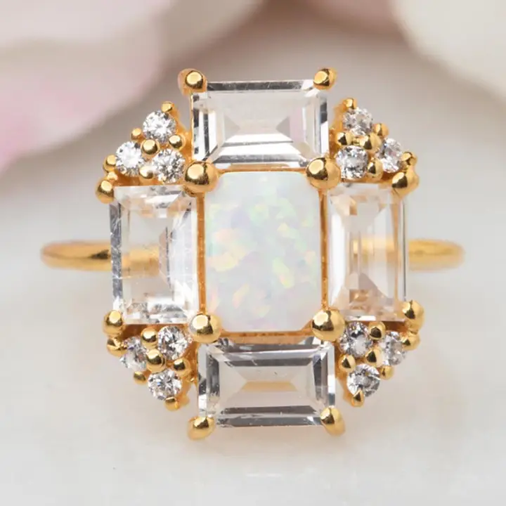 Opal & Topaz Baguette Fire Ring - Size 8