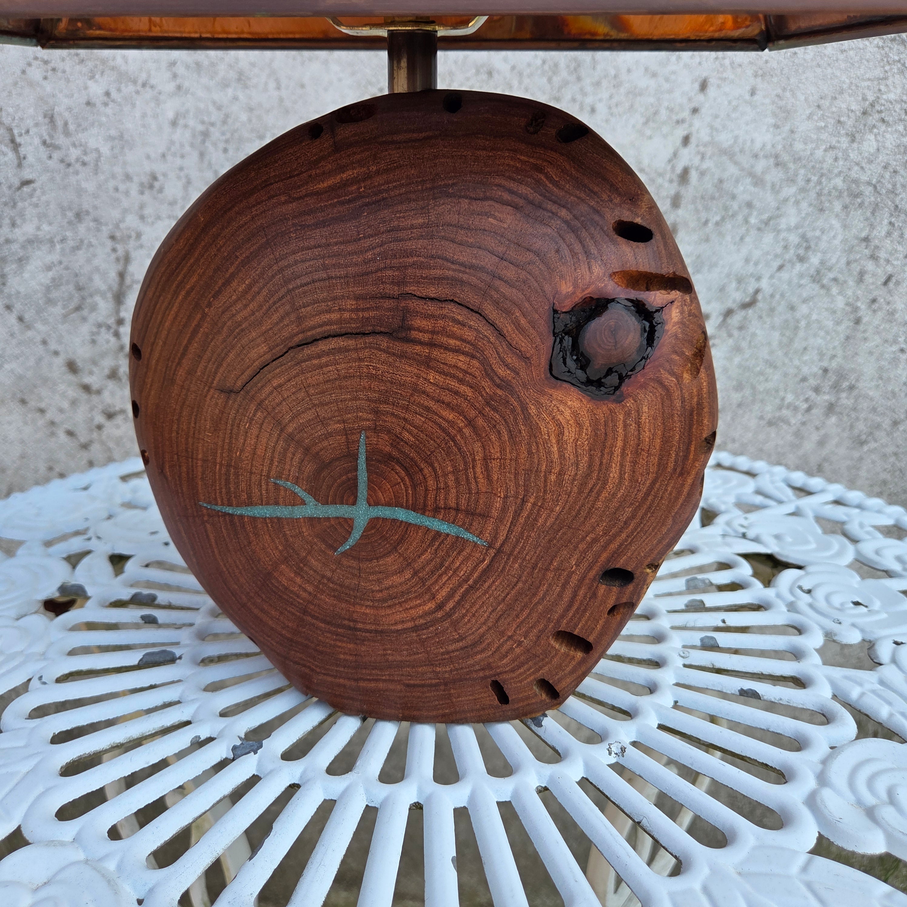 Mesquite & Turquoise Lamp with Feather Shade (SL-1 GW) - Heart of the Home Inc