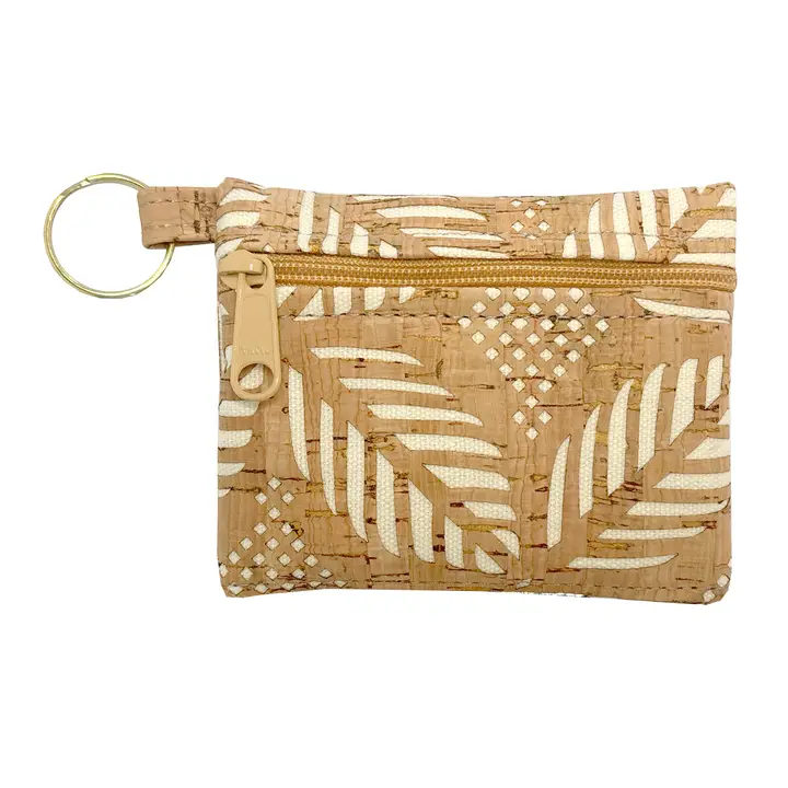 Cork Zipper Pouch with Key Ring in Die Cut Palm White - Heart of the Home Inc