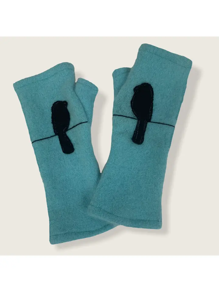 Bird On Wire Aqua Cashmere Fingerless Gloves - Heart of the Home LV