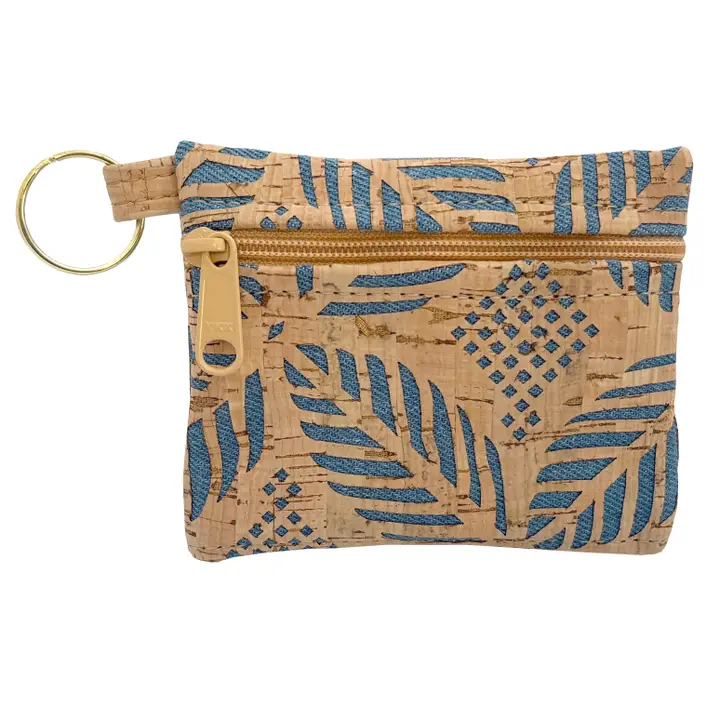Cork Zipper Pouch with Key Ring in Die Cut Palm Denim Blue - Heart of the Home Inc