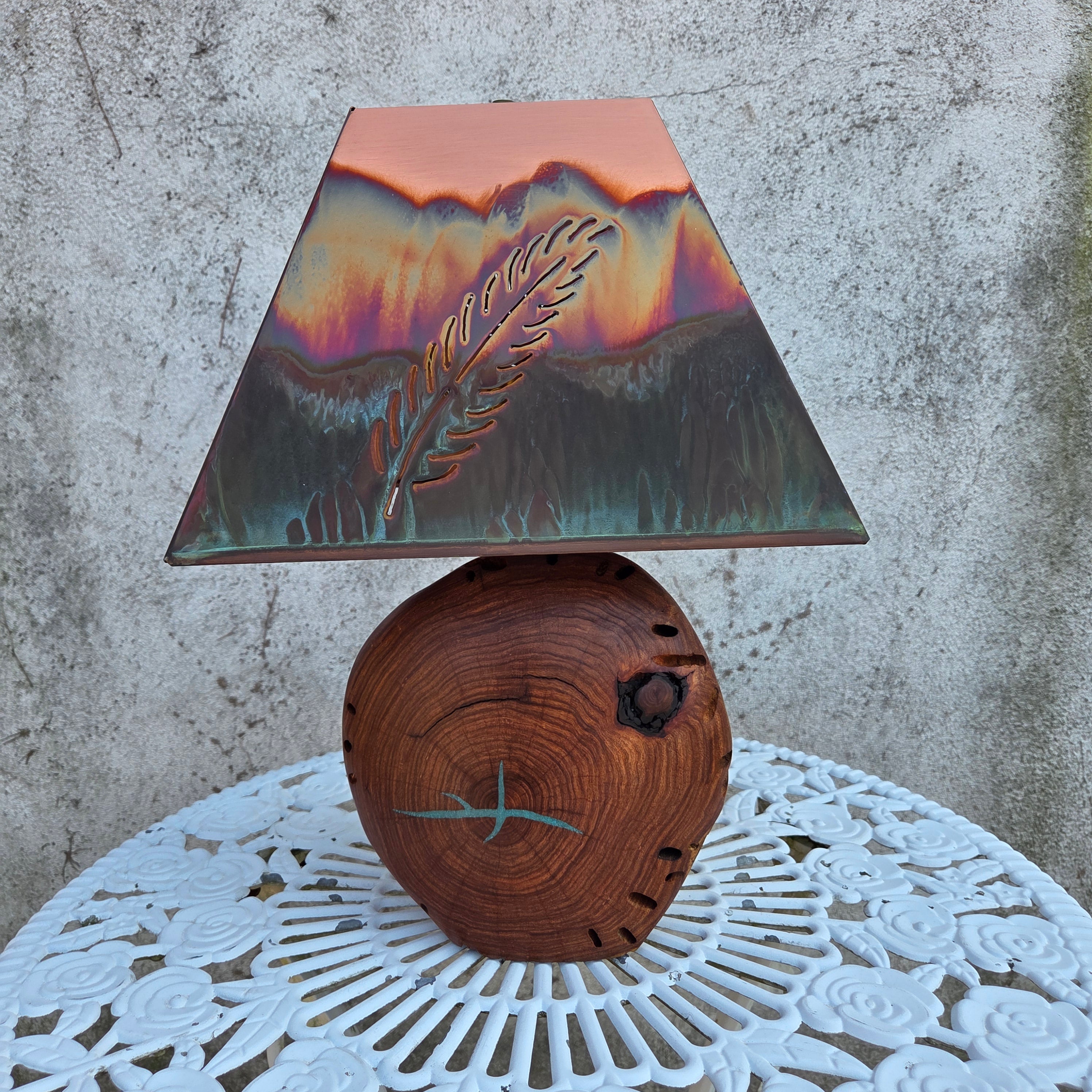 Mesquite & Turquoise Lamp with Feather Shade (SL-1 GW) - Heart of the Home Inc