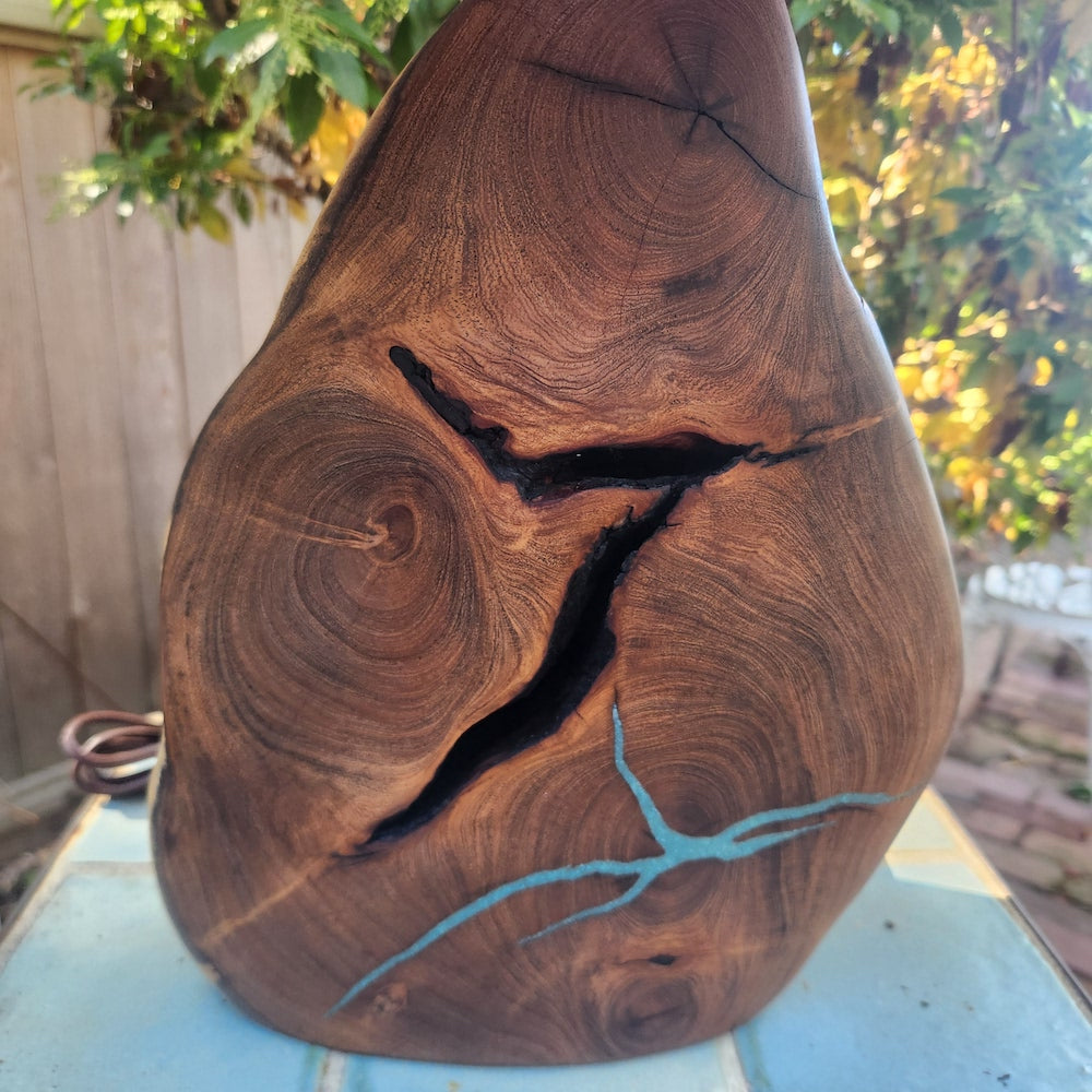 Mesquite & Turquoise Lamp with Crosshatch Shade (SL-3 GW) Unique - Heart of the Home Inc