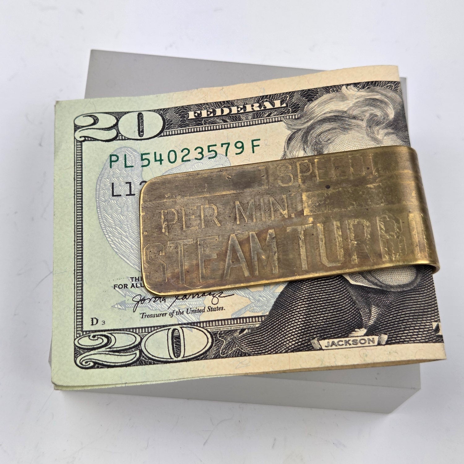 Antique Machine Plate Moneyclip - Brass Steam Turbine - Heart of the Home Inc