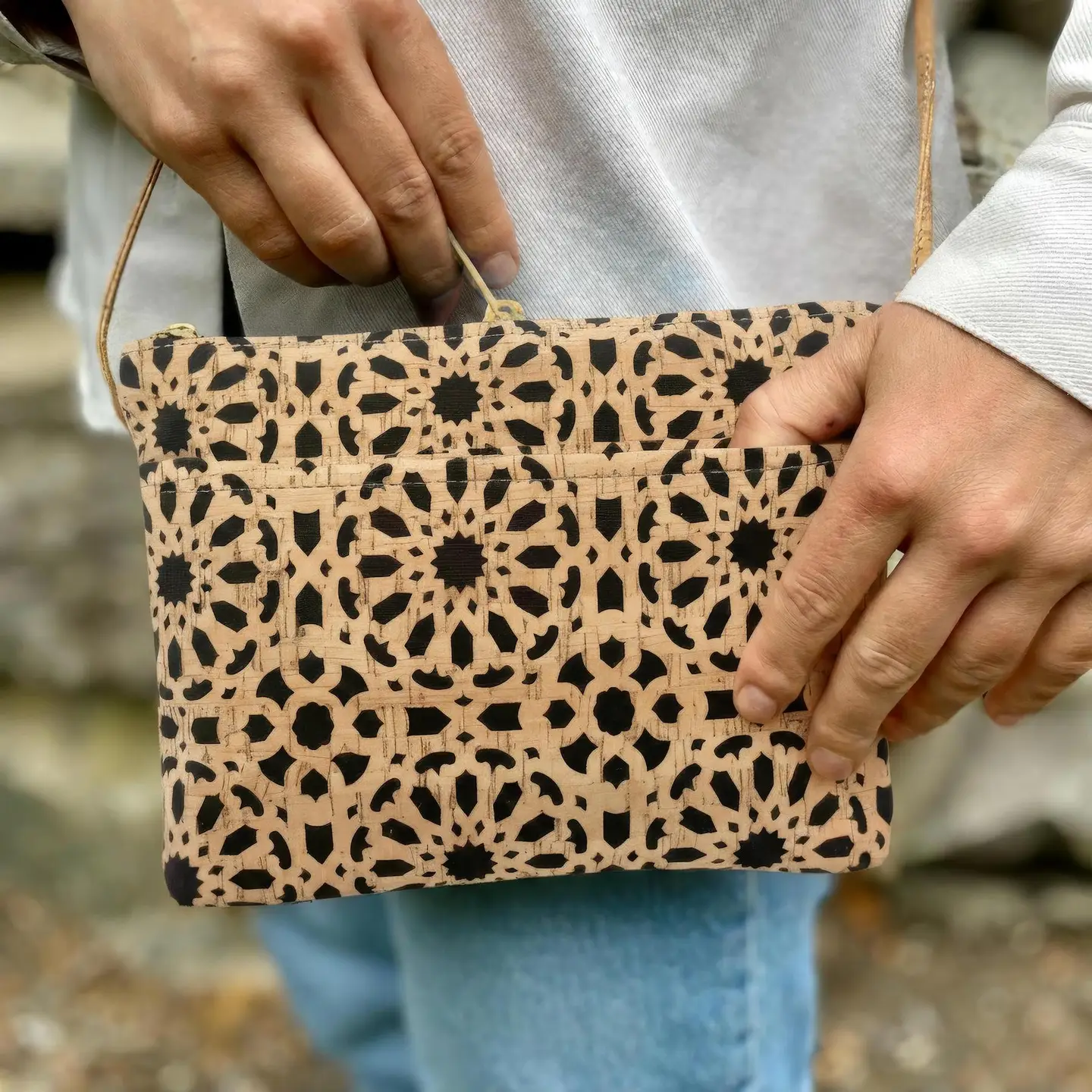 Zip Top Medium Cross Body Cork Bag in Die Cut Mandala - Heart of the Home Inc