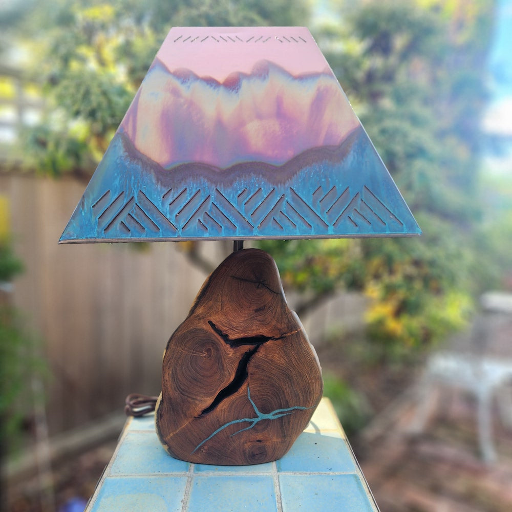 Mesquite & Turquoise Lamp with Crosshatch Shade (SL-3 GW) Unique - Heart of the Home Inc