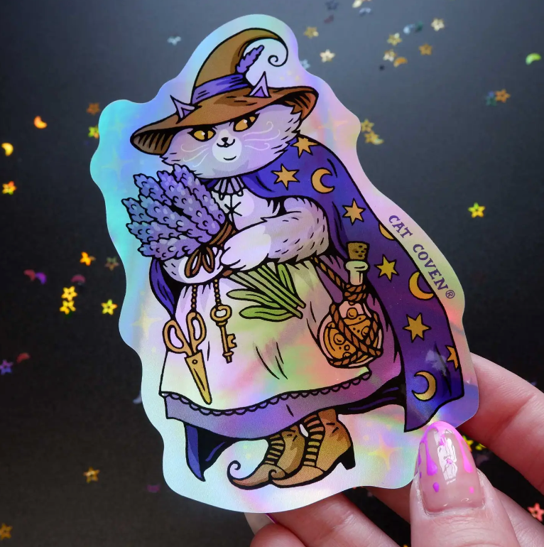 Lavender Cat Witch Holographic Sticker - Heart of the Home Inc