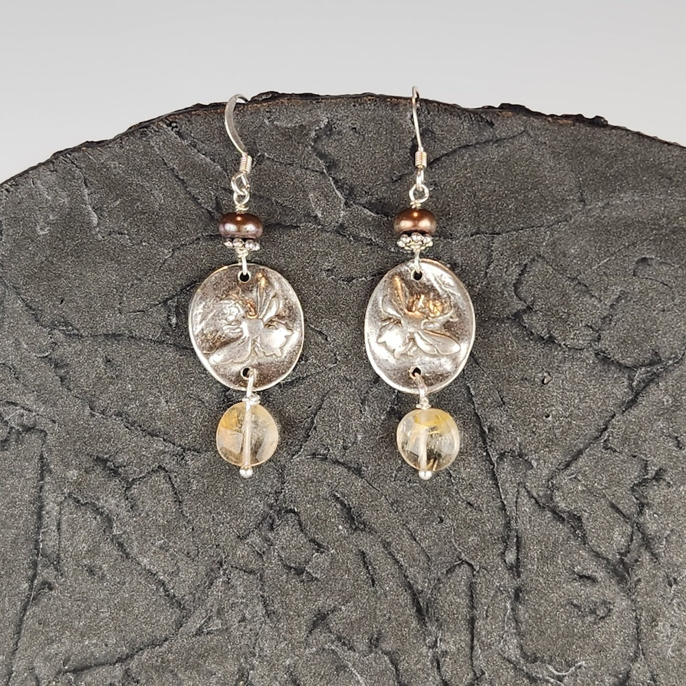 Silver Queen Bee Earrings With Pearl - Heart of the Home Inc