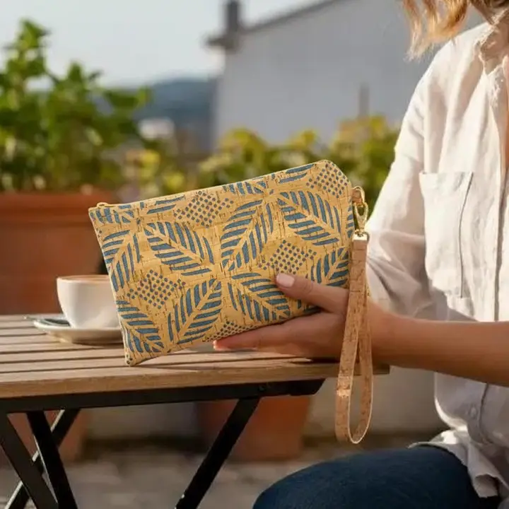 Simple Cork Medium Wristlet Bag in Die Cut Palm Denim Blue - Heart of the Home Inc