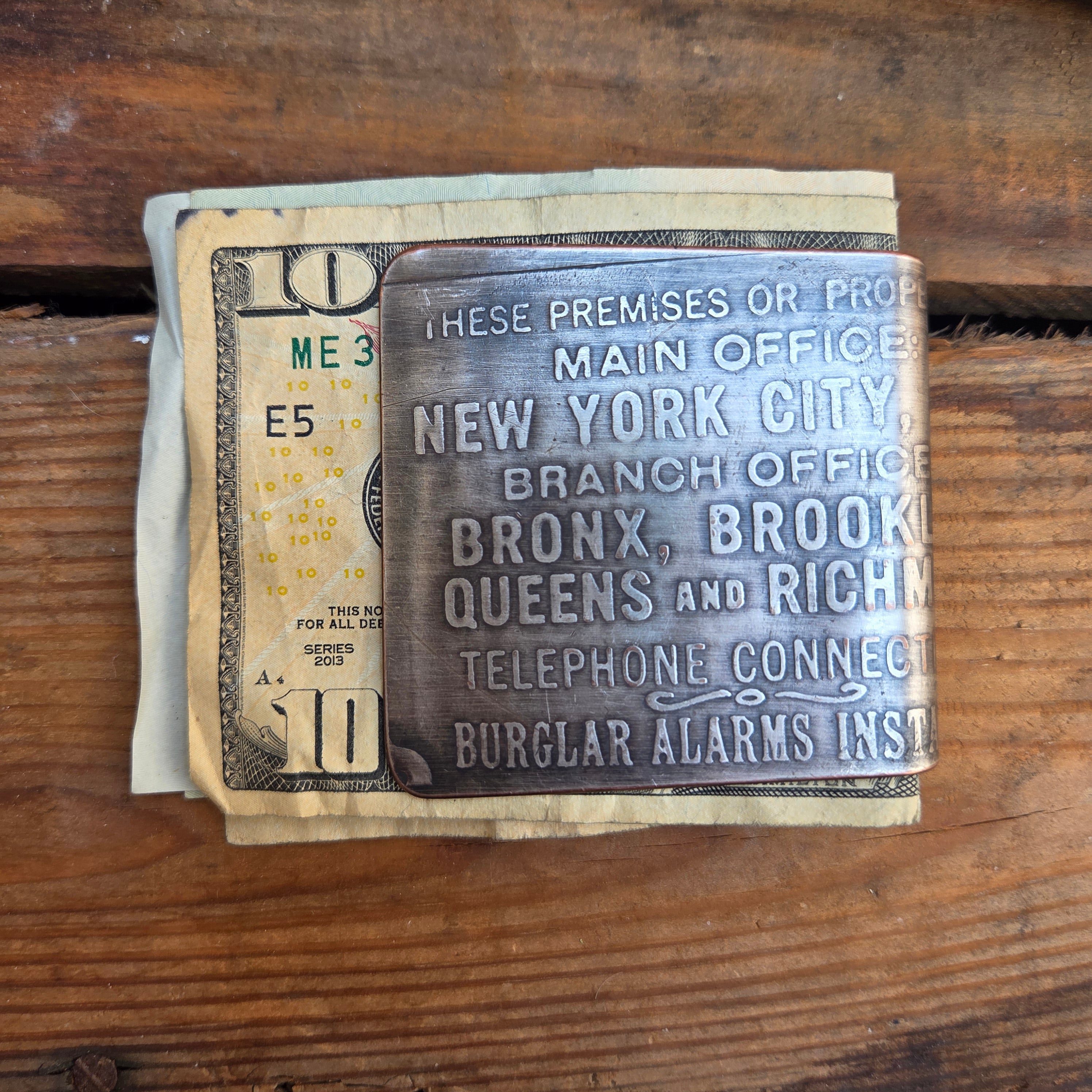Antique Machine Plate Moneyclip - NY Alarm System Plate
