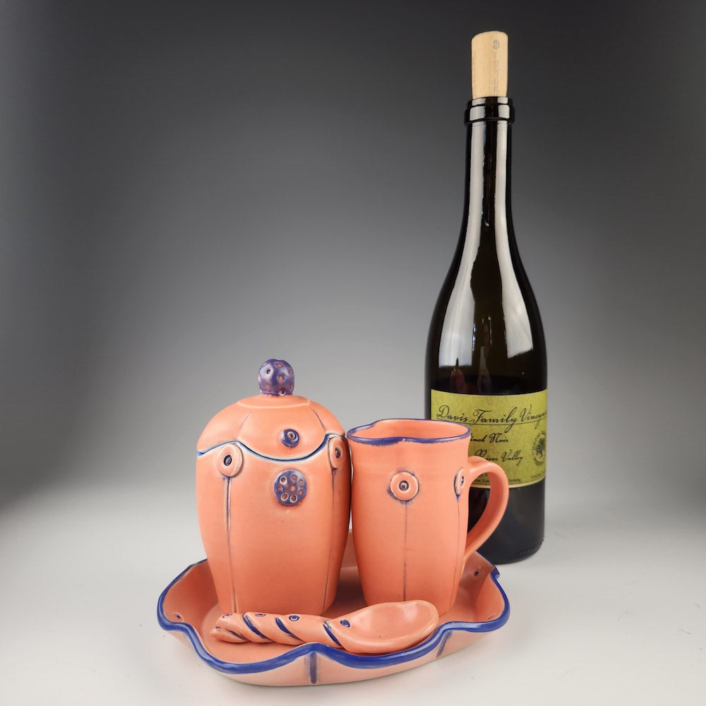 Button Creamer and Sugar Set with Spoon and Ceramic Tray in Flamingo - Heart of the Home PA