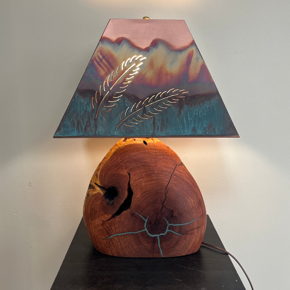 Mesquite & Turquoise Lamp with Feather Shade (SL-3) - Heart of the Home PA