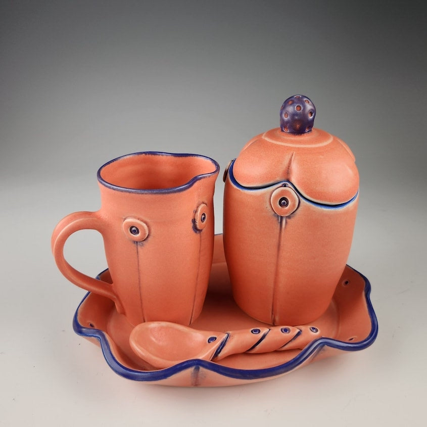 Button Creamer and Sugar Set with Spoon and Ceramic Tray in Flamingo - Heart of the Home PA