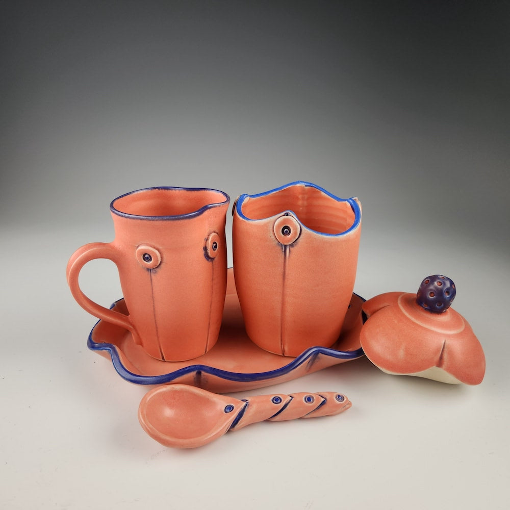 Button Creamer and Sugar Set with Spoon and Ceramic Tray in Flamingo - Heart of the Home PA