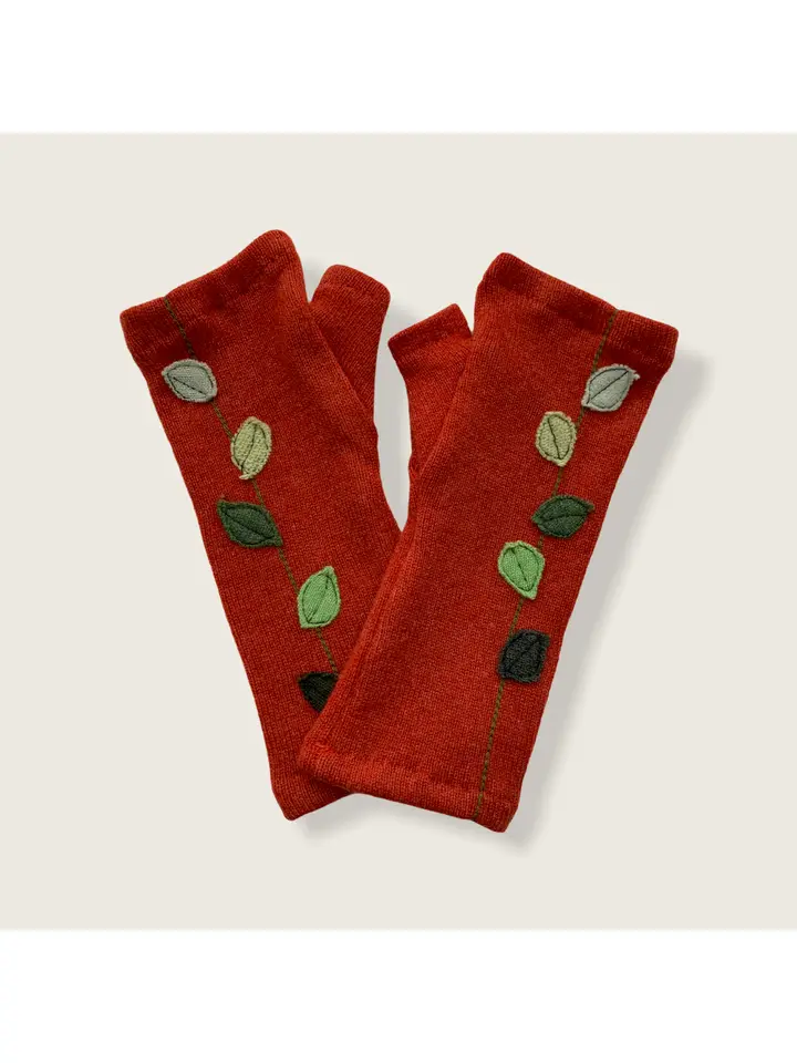 Cashmere Fingerless Gloves-Orange w/Leaves - Heart of the Home Inc