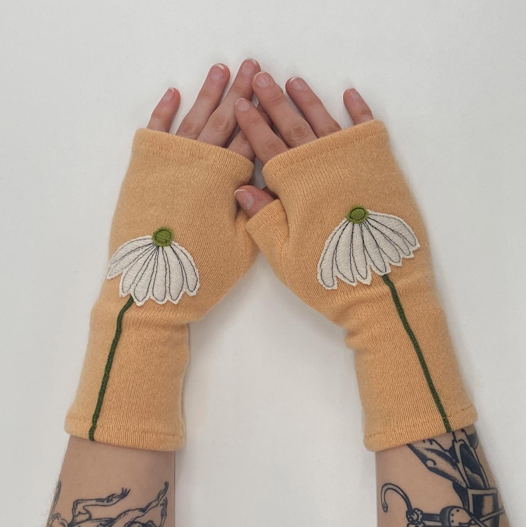 White Coneflower on Orange Cashmere Fingerless Gloves - Heart of the Home Inc