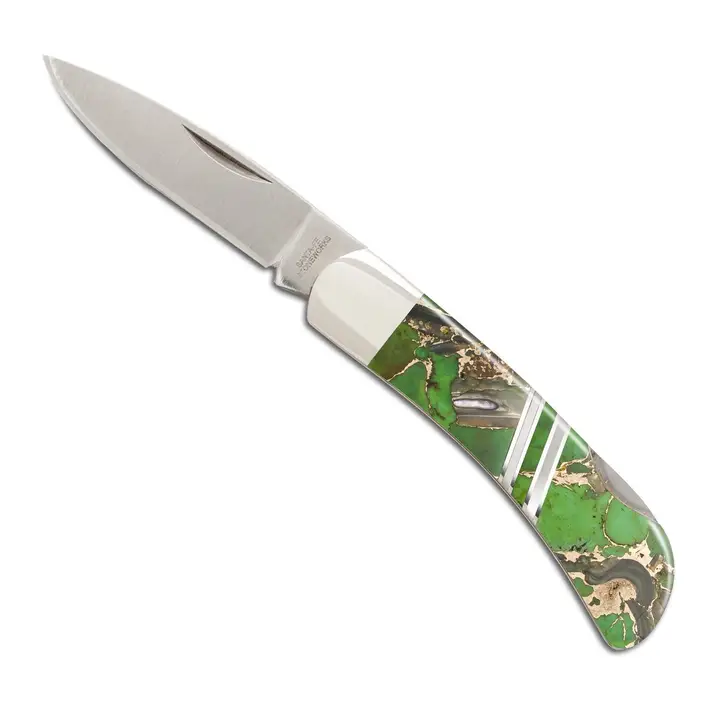 Green Turquiose, Abalone, And Bronze Folding Knife - Heart of the Home LV