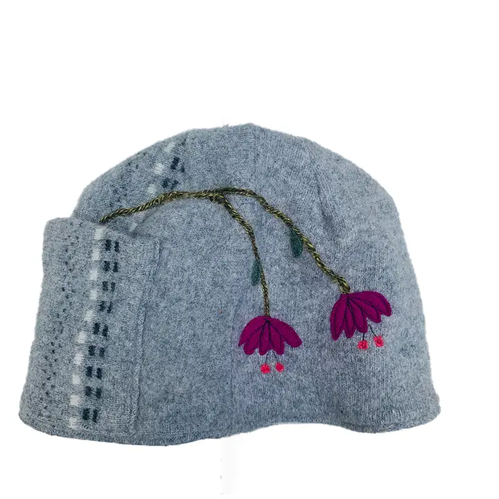 Grey Wool Hat w/Weeping Flowers - Heart of the Home Inc