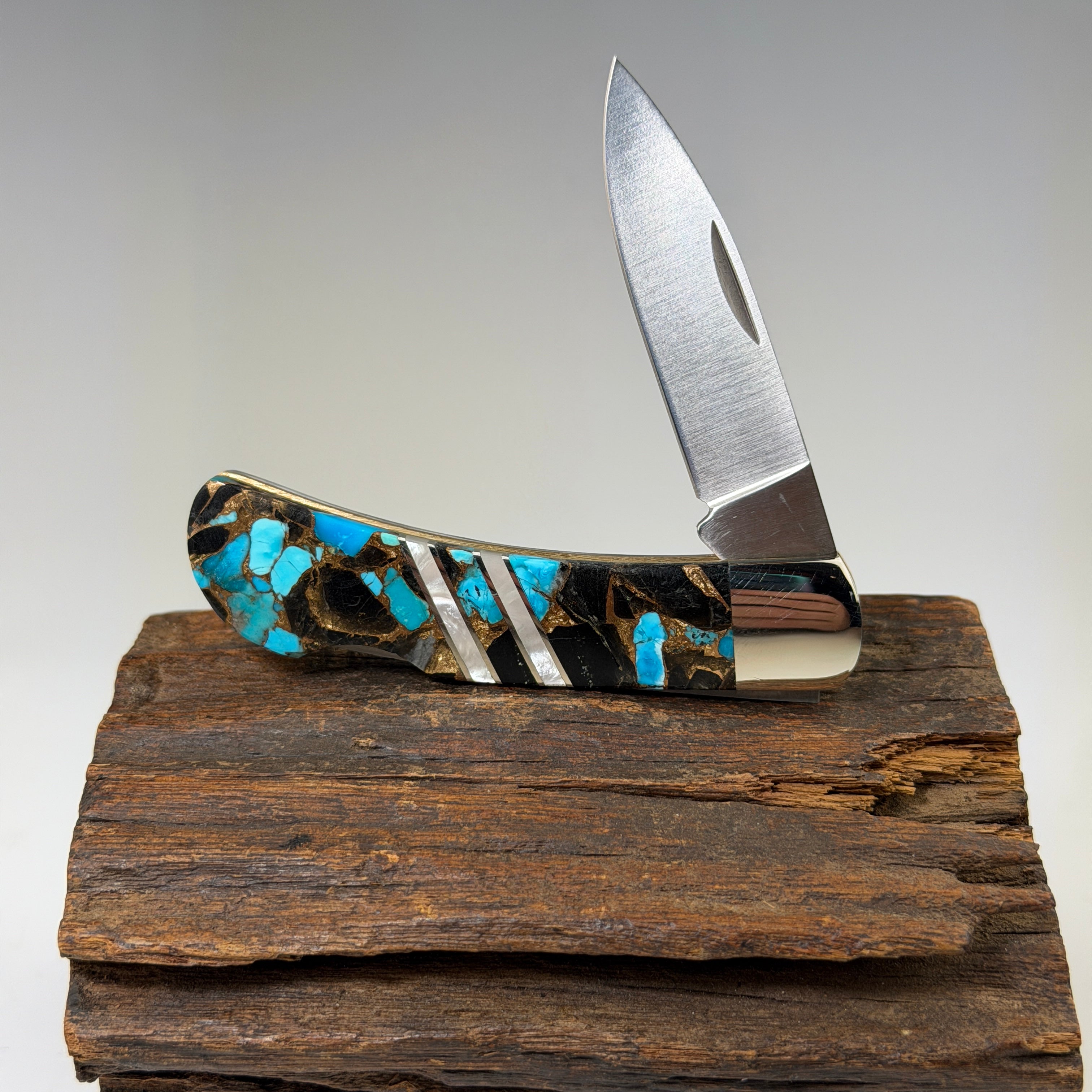 Turquoise, Obsidian & Bronze 3" Lockback Knife - Heart of the Home Inc