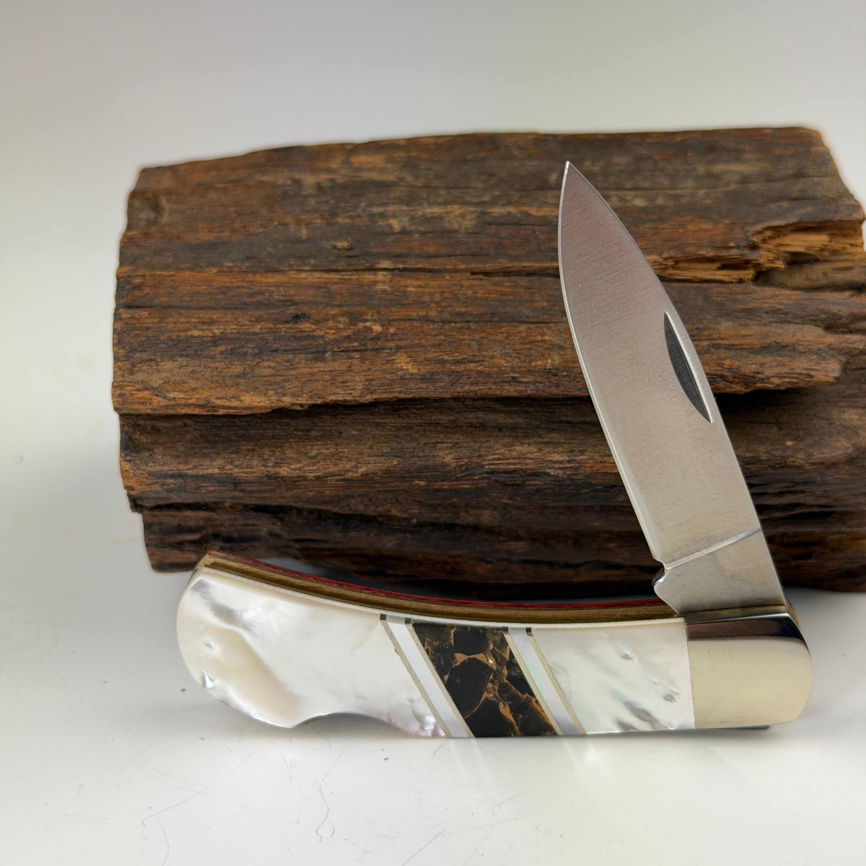 Mother of Pearl, Obsidian & Bronze 3" Lockback Knife - Heart of the Home Inc