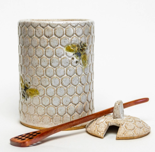 Bee Pattern Handmade Ceramic White Honey Pot - Heart of the Home Inc