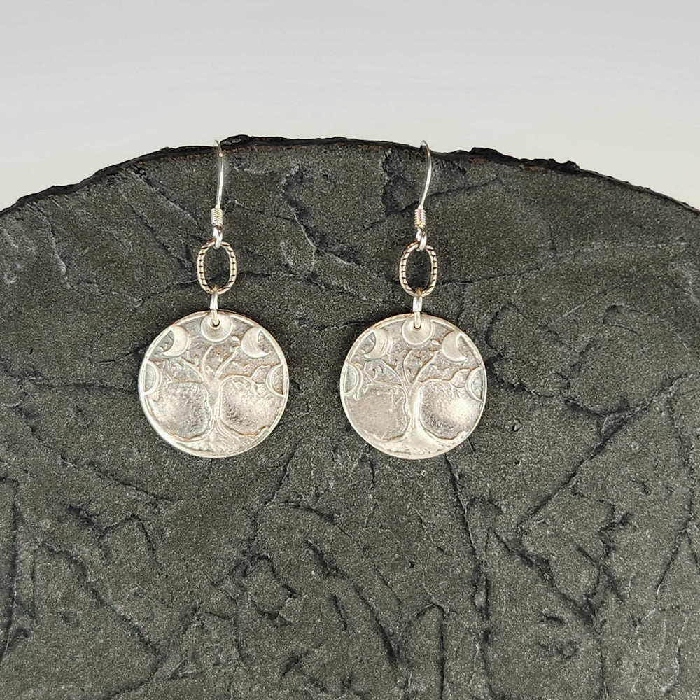 Silver Earrings With Moon Phases And Tree - Heart of the Home Inc