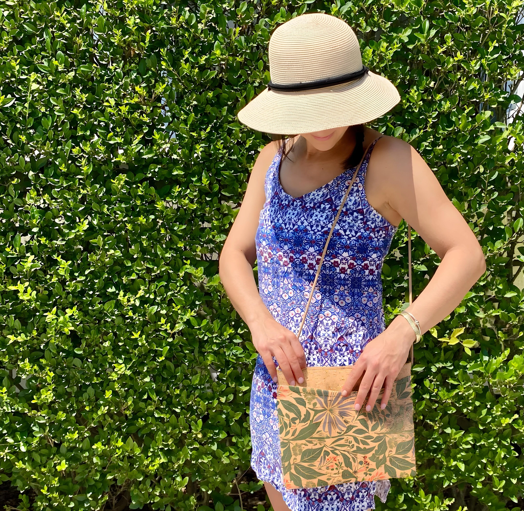 Zip Top Large Cross Body Cork Bag in Lush Botanicals - Heart of the Home Inc