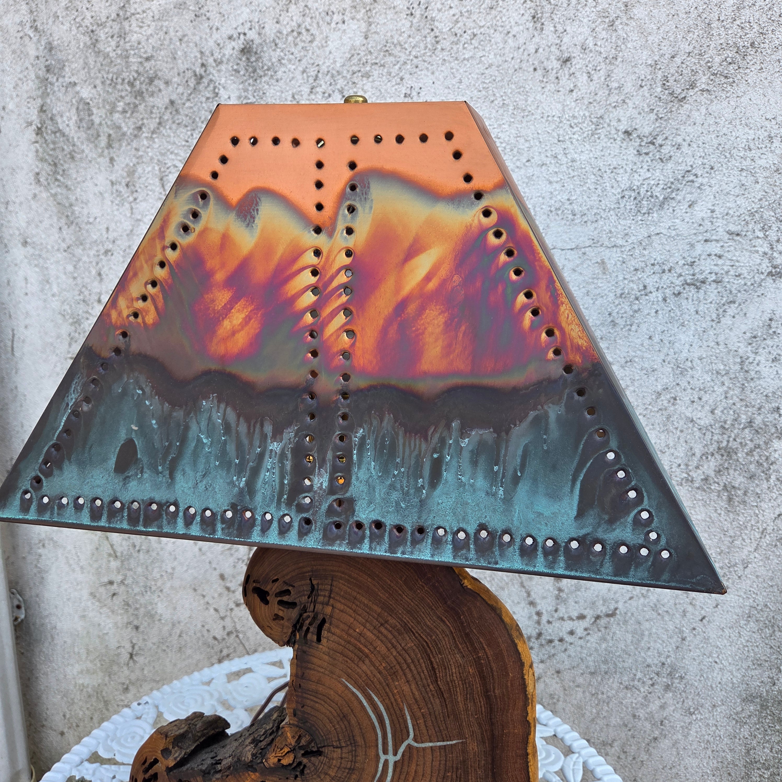 Mesquite & Turquoise Lamp with Punch Shade - Unique - Heart of the Home Inc