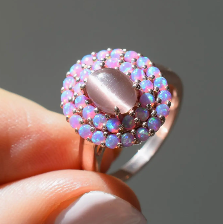Rose Gold Pink Opal & Cats Eye Moonstone Crown Ring - Heart of the Home Inc