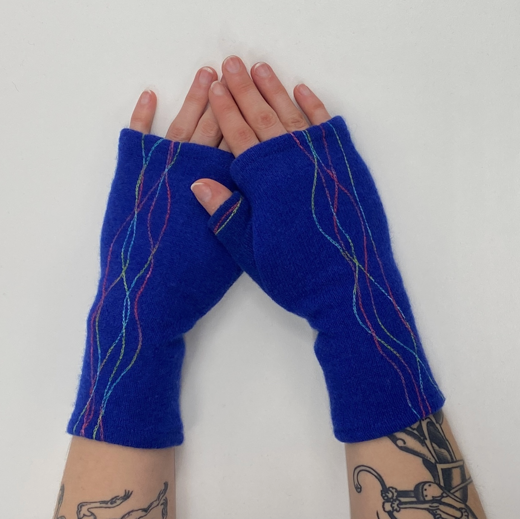 Rainbow Squiggles on Blue Fingerless Gloves - Heart of the Home Inc