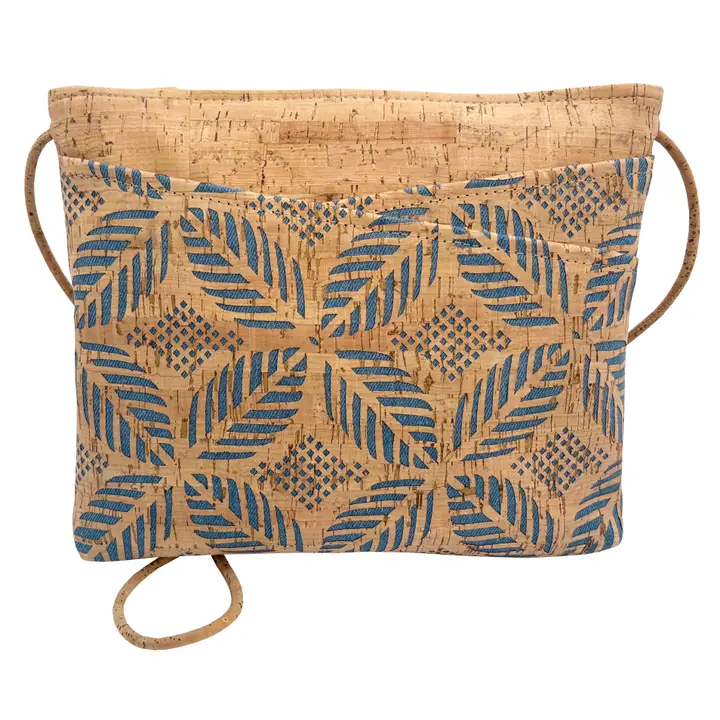 Large Cork Zip Top Cross Body Bag in Die Cut Palm Denim Blue - Heart of the Home Inc