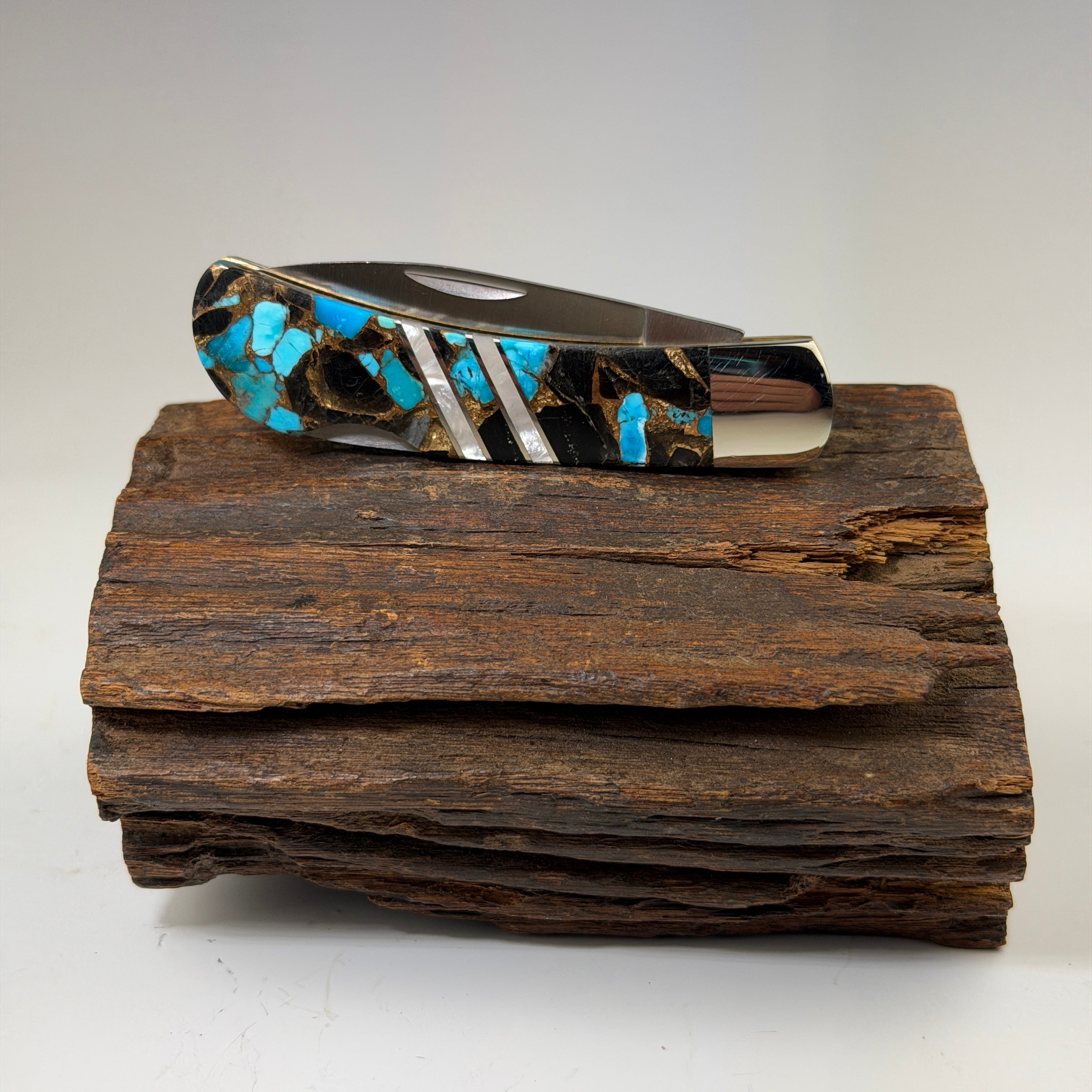 Turquoise, Obsidian & Bronze 3" Lockback Knife - Heart of the Home Inc